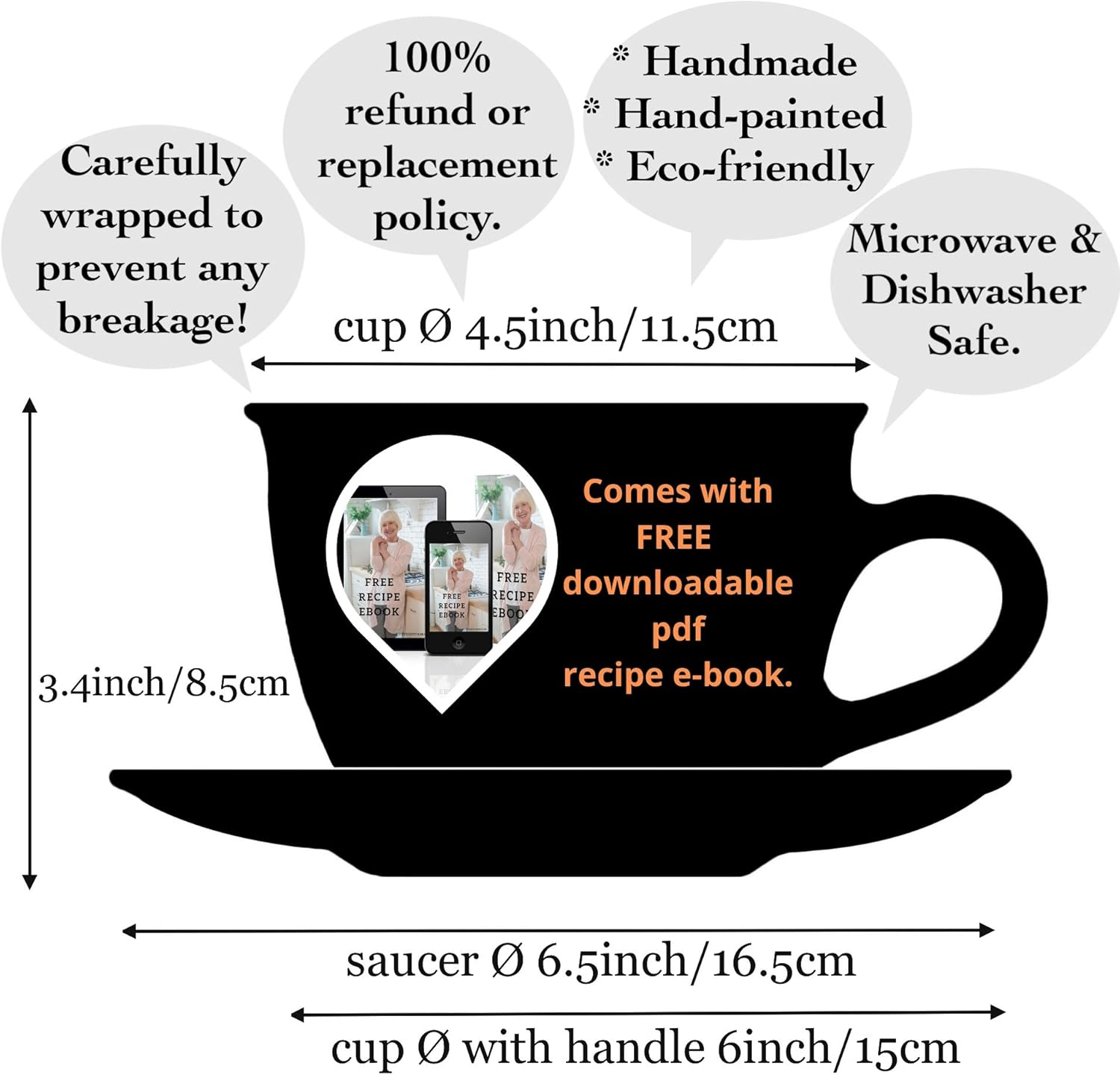 🛒 Flash Sale Handmade Light Sky Blue and White Polka Dot Large Ceramic 12oz/350ml Cappuccino Coffee Tea Cup and Saucer, Unique Designer Pottery Gift for Tea Lovers by City to Cottage®