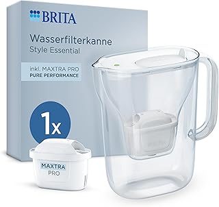 BRITA Wasserfilter Kanne Style Essential weiß (2,4l) inkl. 1x BRITA MAXTRA PRO Pure Performance – Kühlschrankgeeignete Kanne mit Smart Light LED & Klapp-Deckel, filtert Verunreinigungen & mehr