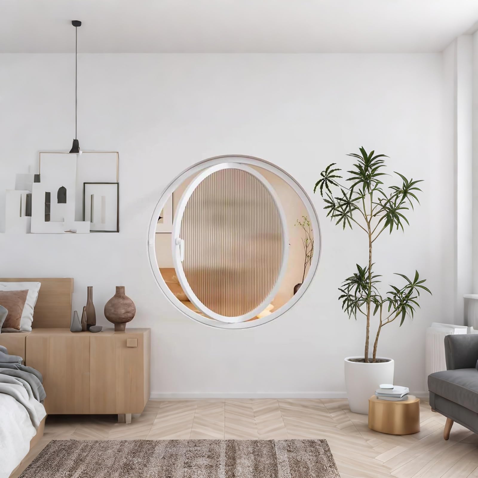 Okrągłe okno obracające się o 360°, aluminiowa rama, szkło hartowane, wentylacja wewnętrzna, zamiennik do łazienki, kuchni, sypialni, salonu, 60 cm, z uchwytem (biały)