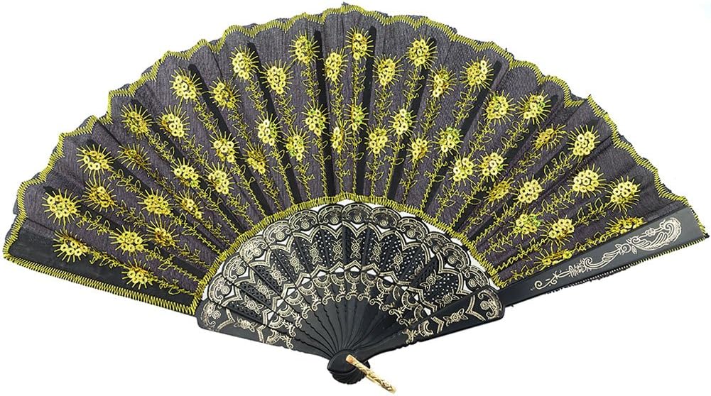 INNOLIFE Elegant Colorful Embroidered Flower Peacock Pattern Sequin Fabric Folding Handheld Hand Fan Hand-crafted (Full Set - 20pcs Mixed Colors) and 16 carrying pouches