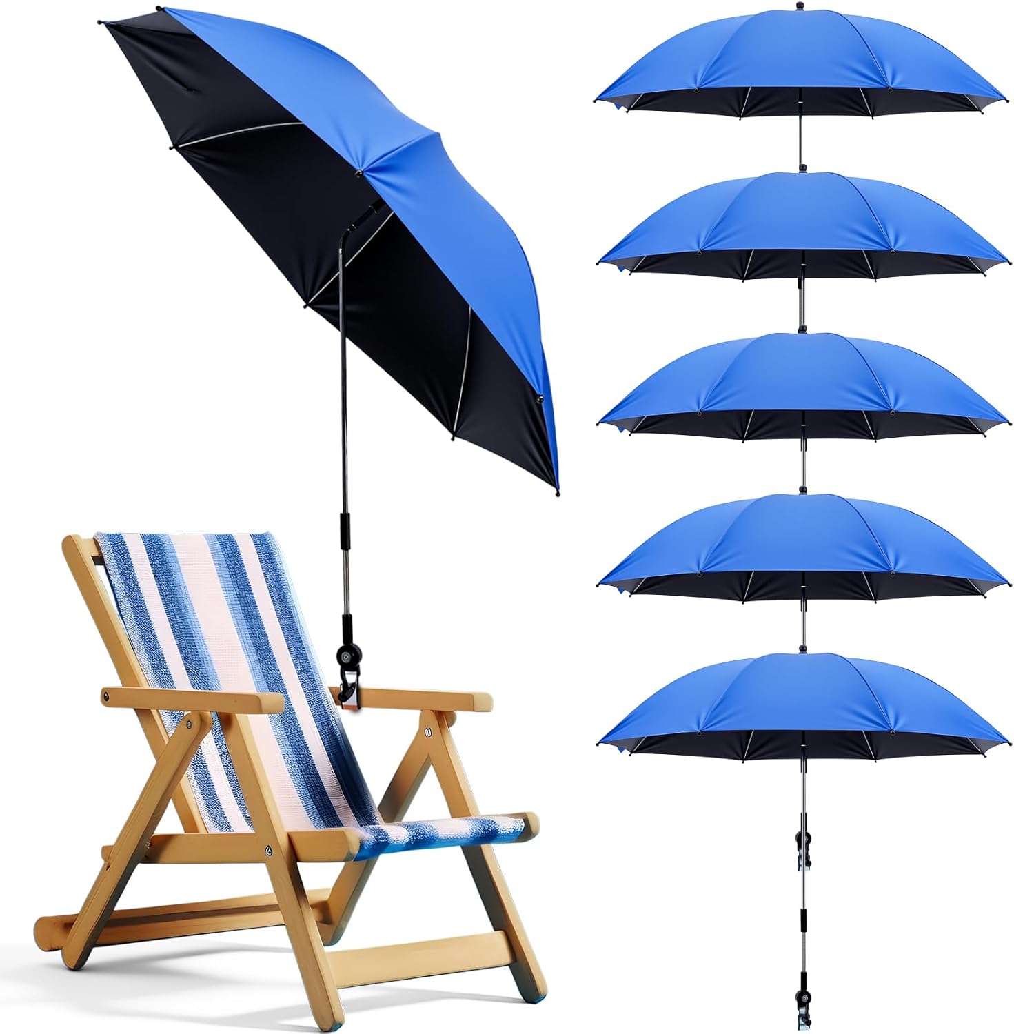 Sadnyy 6 Pack Beach Chair Umbrella with Universal Clamp, 360 ° Adjustable Clip on Umbrellas 42 Inch UPF 50+ Portable Sun Shade with Clamp for Beach Chair Patio Camping Wheelchair Stroller Golf Cart