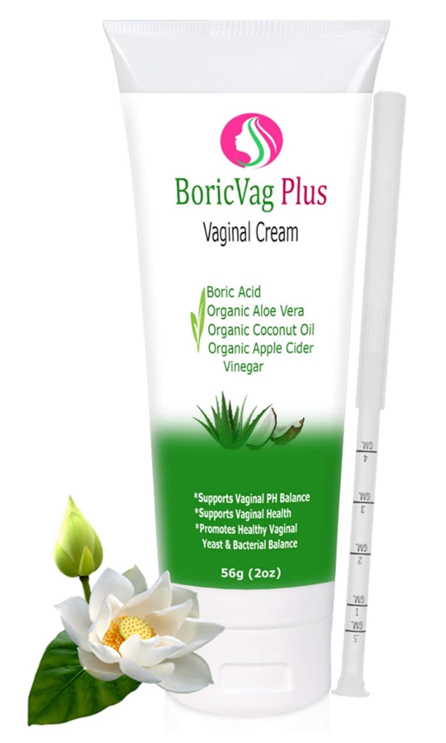 Boric Acid Vaginal Cream with Organic Aloe Vera, Organic Coconut Oil & Organic Apple Cider Vinegar - Applicator Included