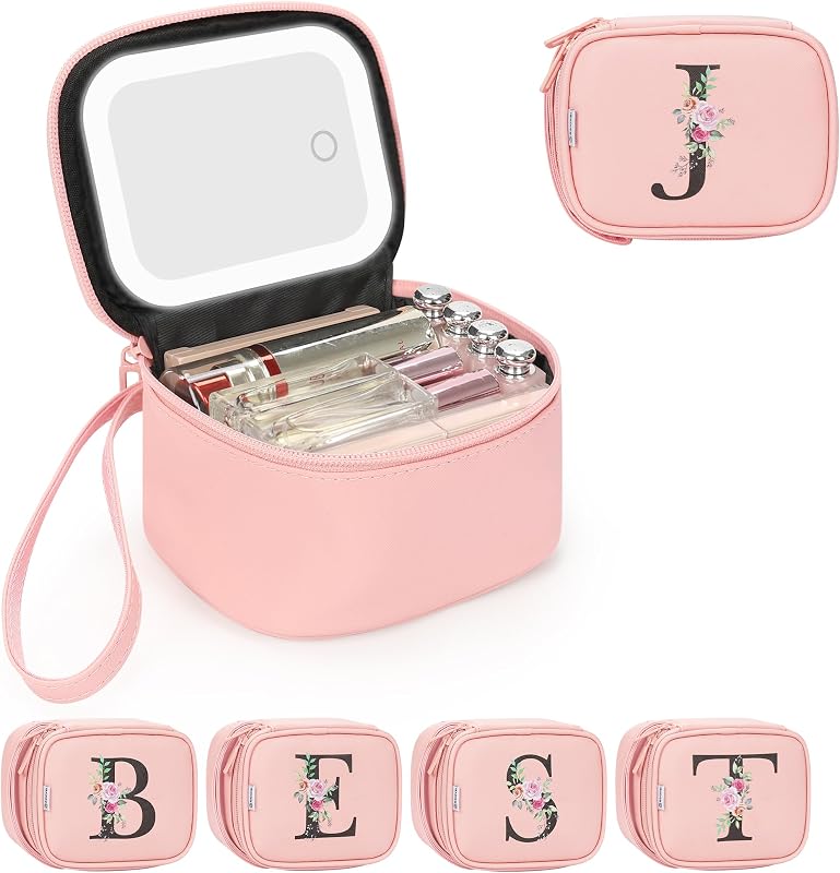 Relavel Mini Bolsa de Maquiagem Rosa com Espelho LED e Letra Inicial J