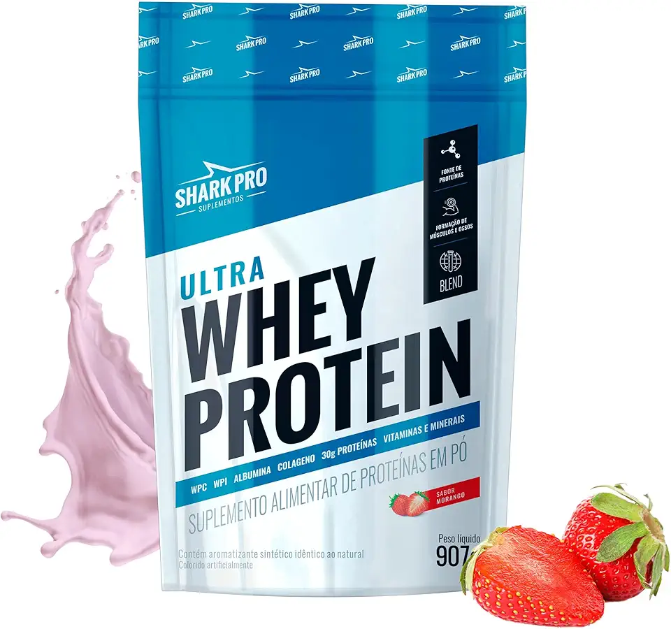 Shark Pro Ultra Whey Protein Sabor Morango - 30g de Proteínas - Suplemento Alimentar de Proteínas em Pó - WPC e WPI - Fórmula com Colágeno e Albumina - 907g Pouch