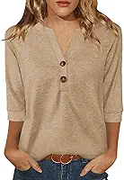 Camisetas femininas manga 3/4 gola V abotoadas roupas casuais de negócios camisetas básicas verão 2026