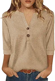 Camisetas femininas manga 3/4 gola V abotoadas roupas casuais de negócios camisetas básicas verão 2026