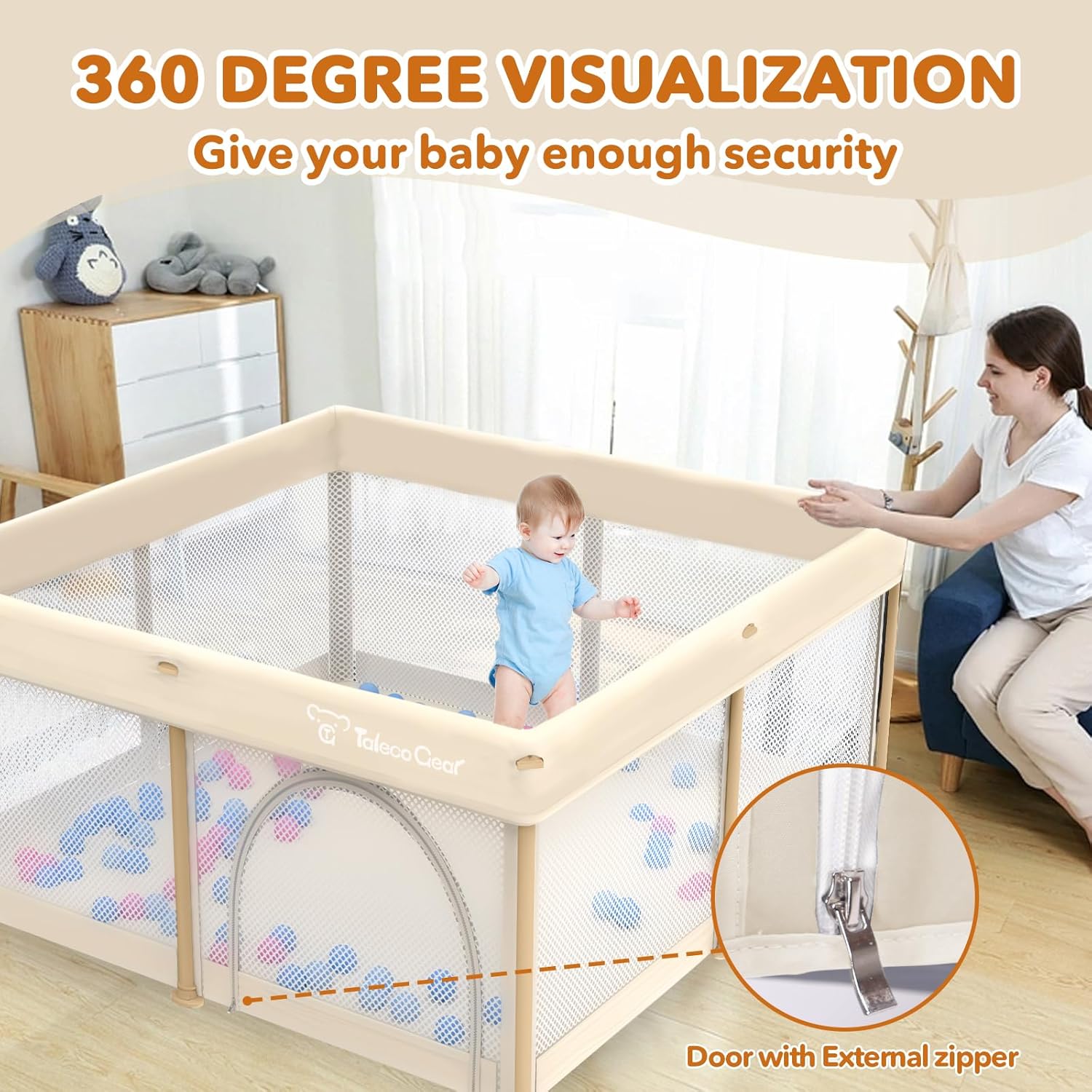 Foldable Baby Playpen for Babies and Toddlers, 50x50 Inch Portable Play Yard, Collapsible Play Pen with Mat, Visible Mesh, 50 Ocean Balls, Indoor/Outdoor Baby Fence Activity Center for Home