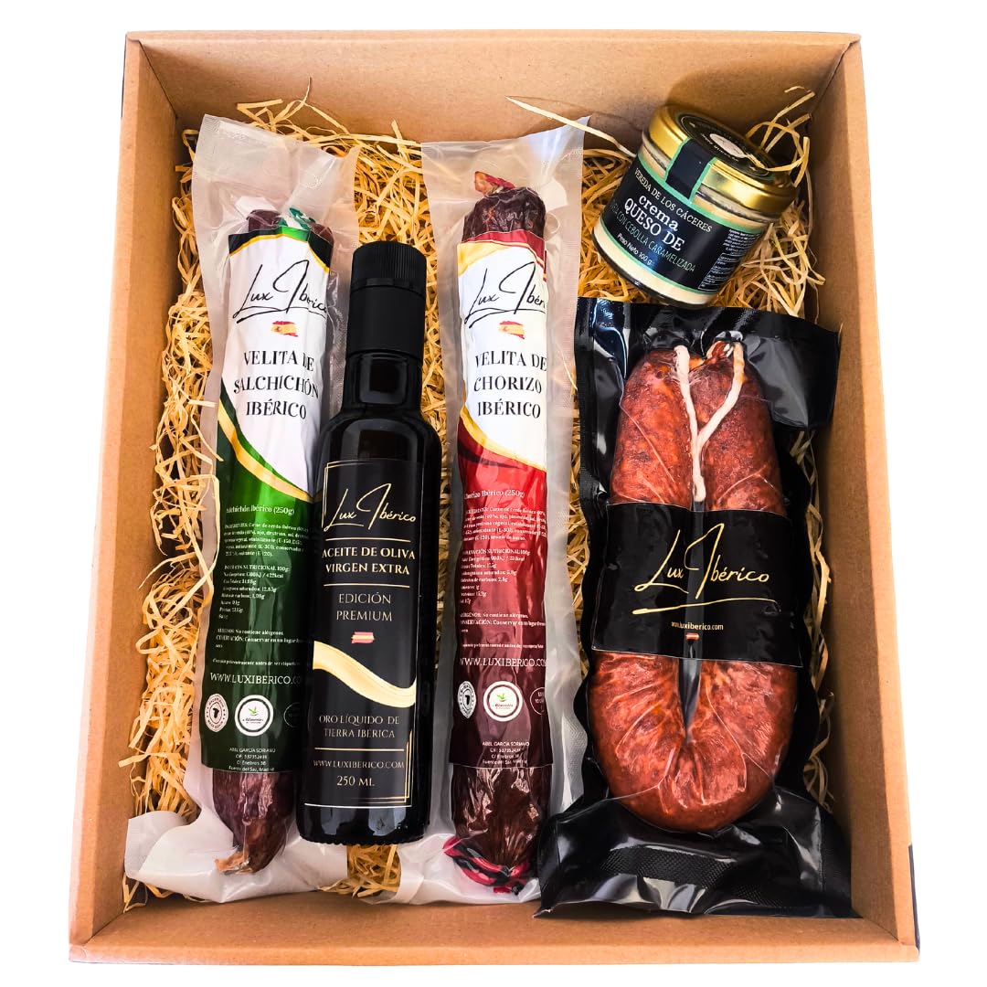 Cesta de Embutidos "Dalciva" - Ibéricos, Morcilla Patatera y Aceite | Velitas de chorizo y salchichón ibérico, morcilla patatera dulce, crema de queso y aceite de oliva. Lista para regalar.