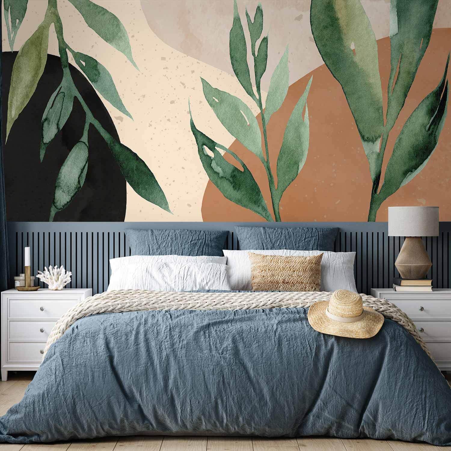 decomonkey - Papier Peint Panoramique Nature 350x256 cm - Décoration murale moderne – Tapisserie décorative pour chambre salon - Scandiboho tendances feuilles plantes nature