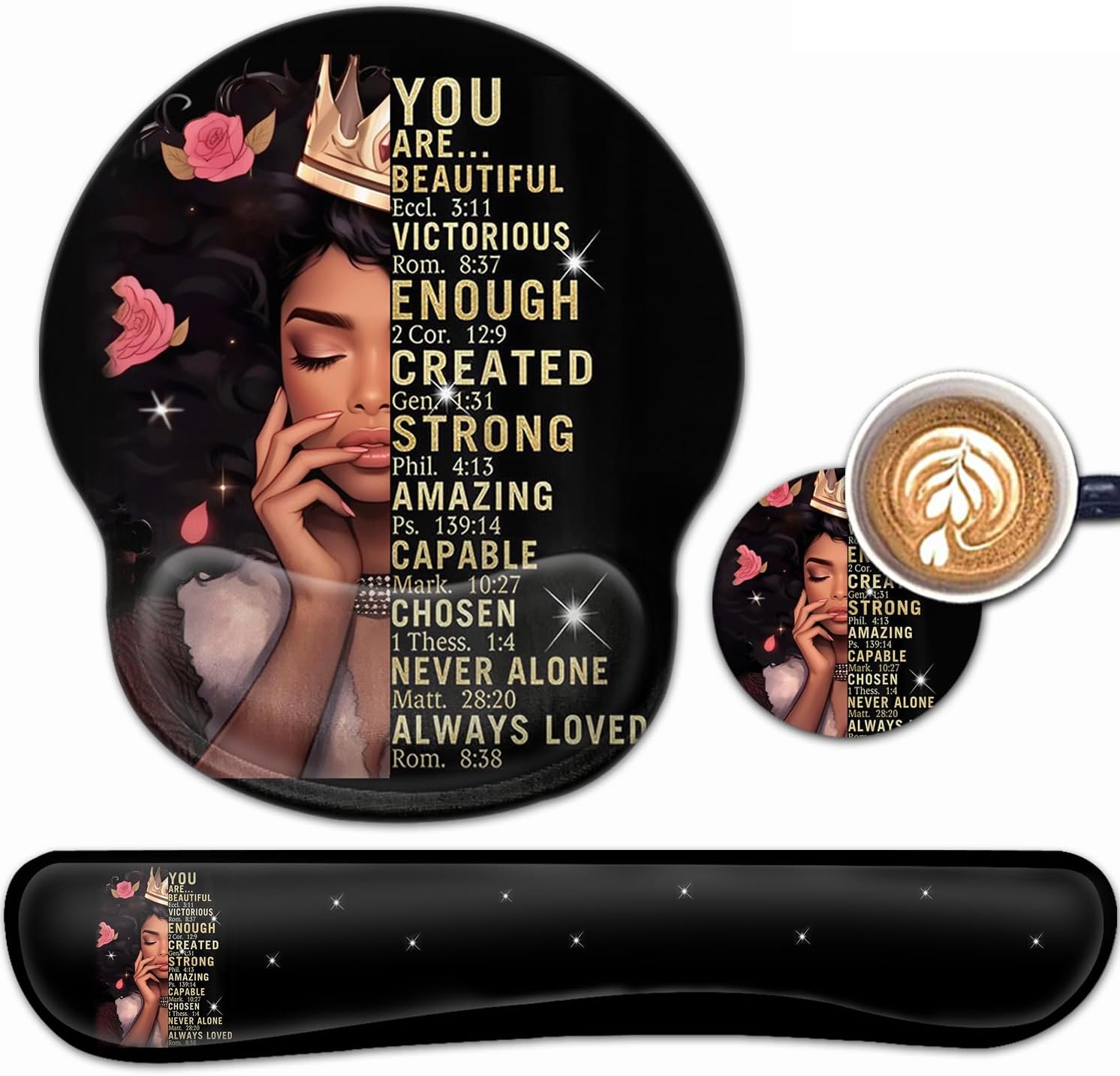 Ergonomic Gaming Mouse Pad Wrist Support and Memory Foam Keyboard Wrist Rest with Anti-Slip Base for Home Office Computer Desk Pad, Gel Black Mouse Pad Easy Typing, African American Women Black Girl