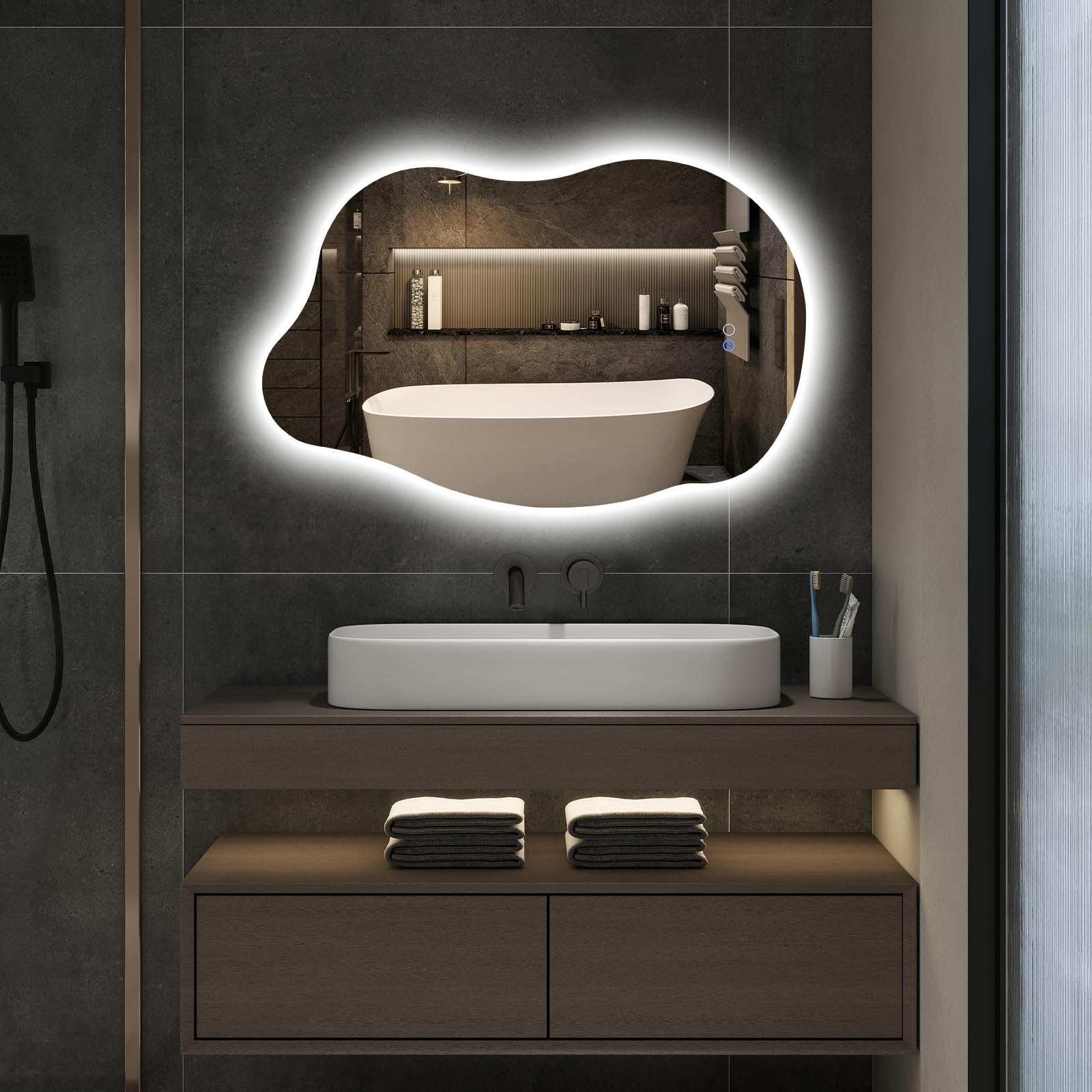 YU YUSING Miroir Asymétrique de Salle de Bain Lumineux 85x55cm