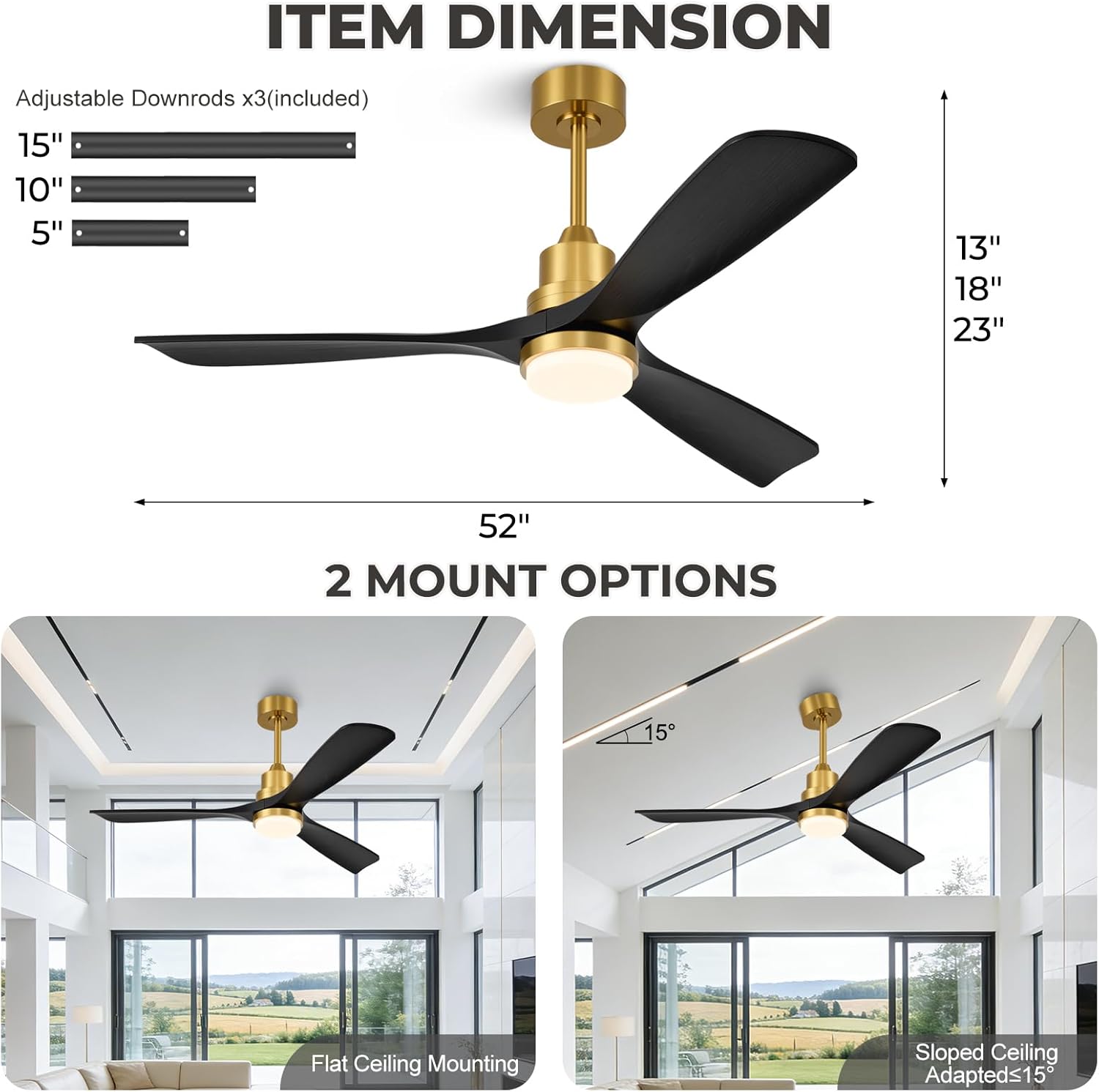 52 inch Smart Ceiling Fan with Lights,Outdoor Ceiling Fan 3 Wood Blades Compatible with Alexa/Gg Voice Control&App&Remote,Quiet DC Motor for Covered Patio Porch Bedroom,Black and Gold