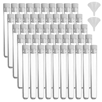 50 Pcs Test Tubes, Clear Plastic Test Tubes with Caps & 2 Funnels for Scientific Experiments, Candy Beads Sample Storage, Kids Party Supplies, Halloween, Christmas 13 x 75mm