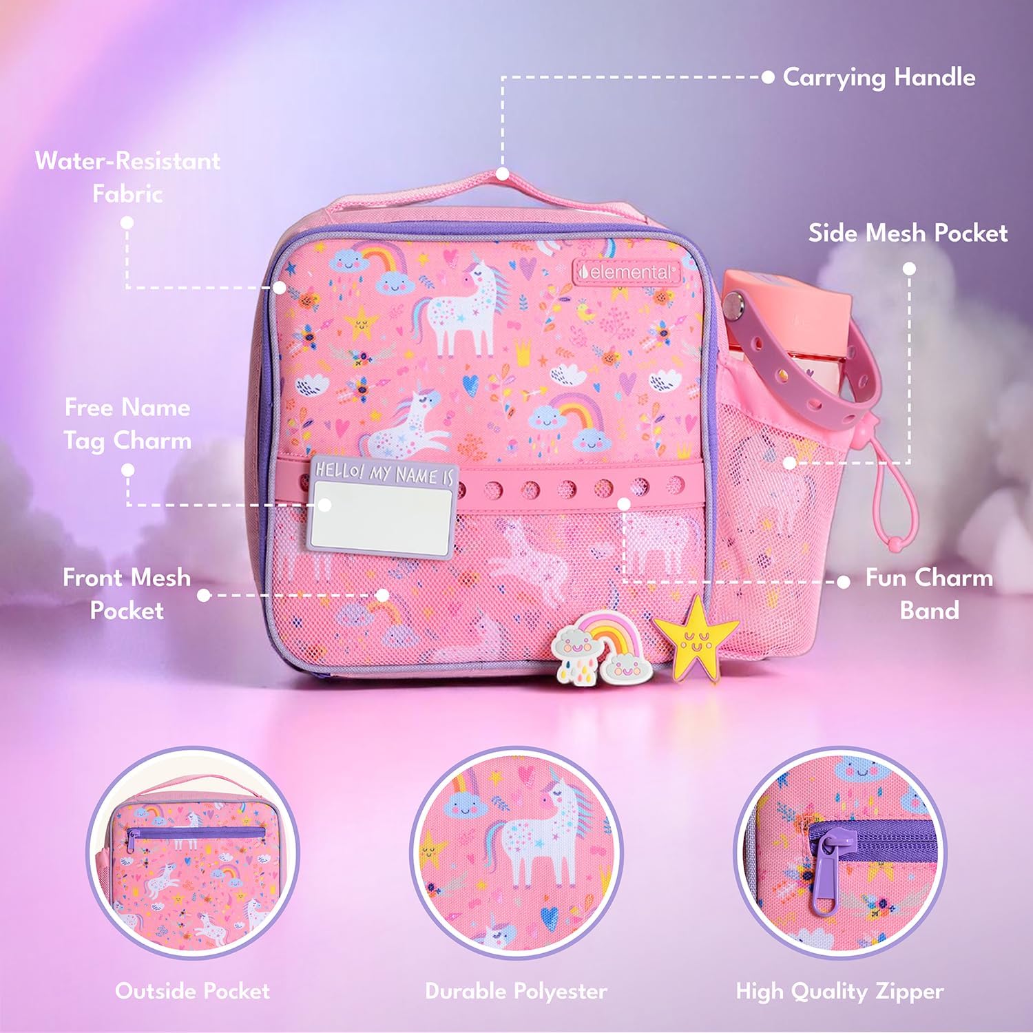 Elemental Insulated Lunch Bag for Kids, with Water Bottle Pocket & Charm Band, Fits Lunch Box, Lunch Bag for School to Keeps Food at Optimal Temperature, 3L - Unicorn
