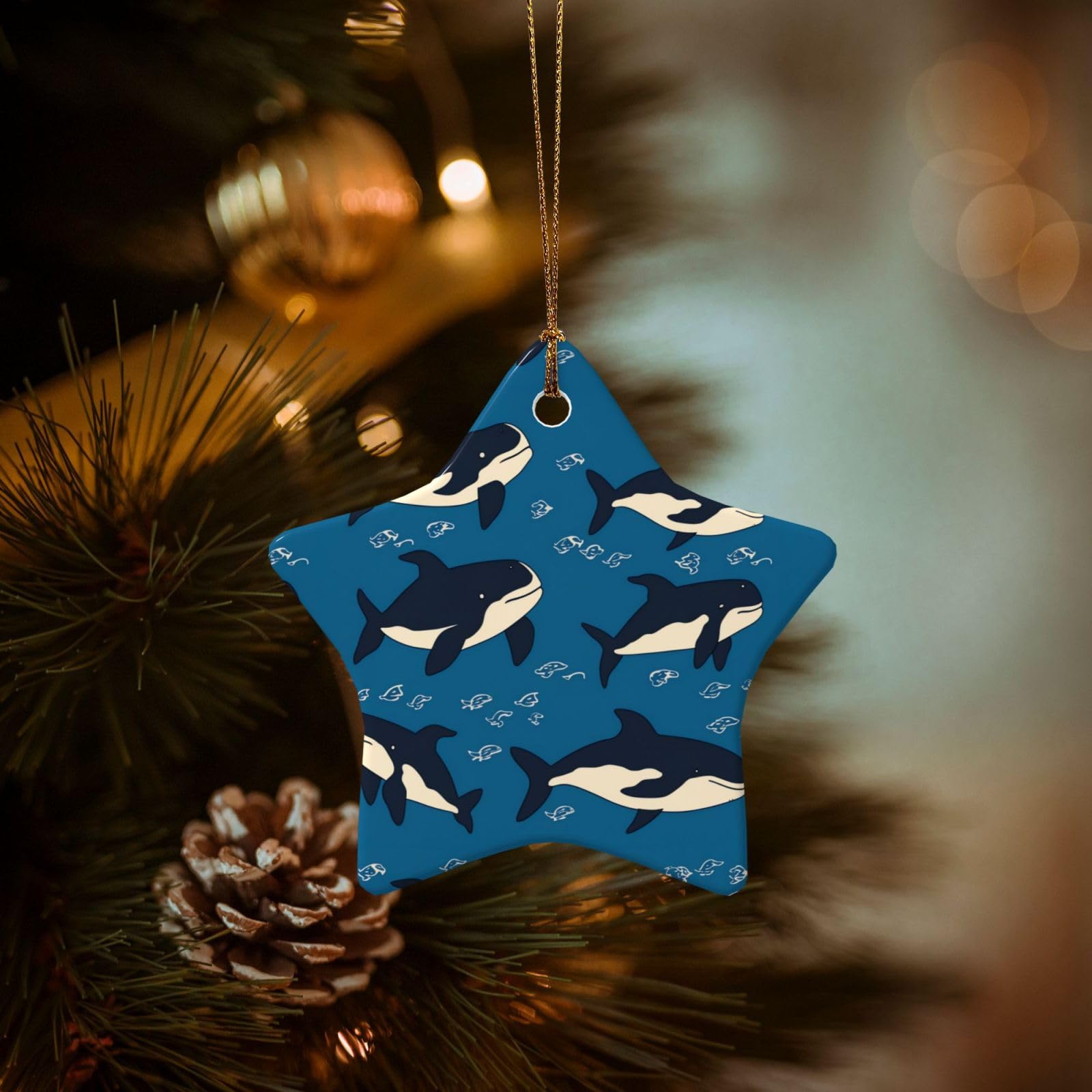 Christmas Tree Ornaments Ceramics Christmas Decorations Whale Ornaments with Gold Ribbon Porcelain Xmas Tree Crafts Star Shape Hanging Pendant for Christmas Tree Party Decor