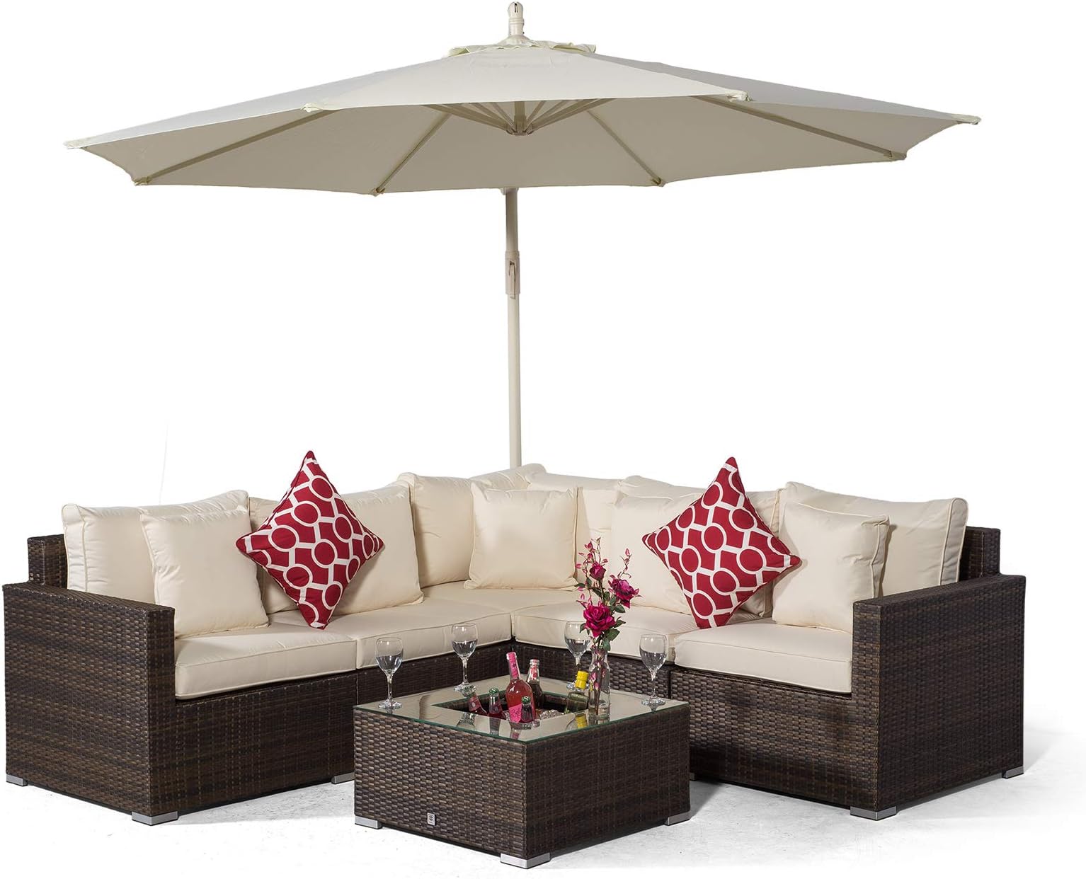 Giardino Havana 5 Seat Brown Rattan Corner Sofa Set + Drinks Cooler Coffee Table, Parasol & Outdoor Furniture Covers | 7 pcs L Shaped Poly Rattan Garden Sofa Set | Outdoor Corner Sofa with Sun Lounger