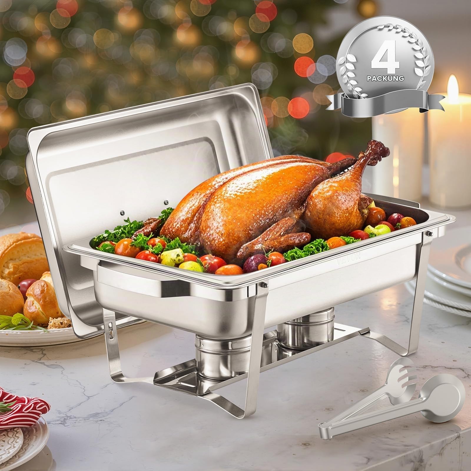 VEVOR Chafing Dish Buffet-Set 4 Stk Edelstahl-Speisenwärmer mit 4 Pfannen in voller Größe (7,5 L), rechteckiger Catering-Wärmespender mit Deckel & Wasserpfannenständer & Brennstoffhalter Buffer Silber