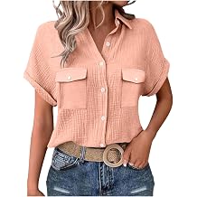 Button Down Gauze Shirt for Women Short Sleeve Blouses Casual Business Work Summer Vacation Hawaii Tops w Two Pockets