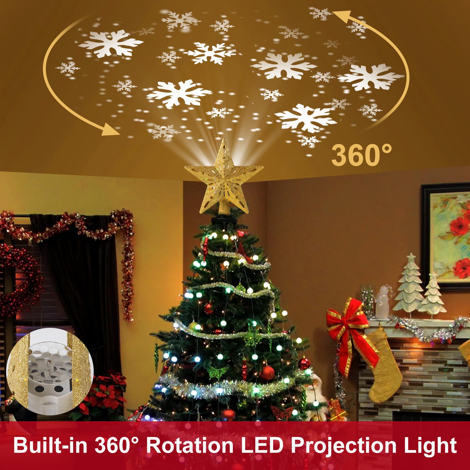 TEPENAR Christmas Tree Topper Projector - Gold Rotating LED Star with Snowflake Lights, Adjustable Light Xmas Tree Decoration - Image 3