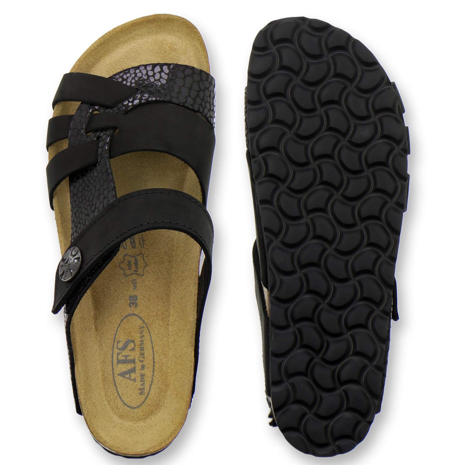 AFS-Schuhe 2120 Damen Pantoletten aus Leder mit Klettverschluss, Bequeme Hausschuhe für Frauen mit Fußbett, Made in Germany