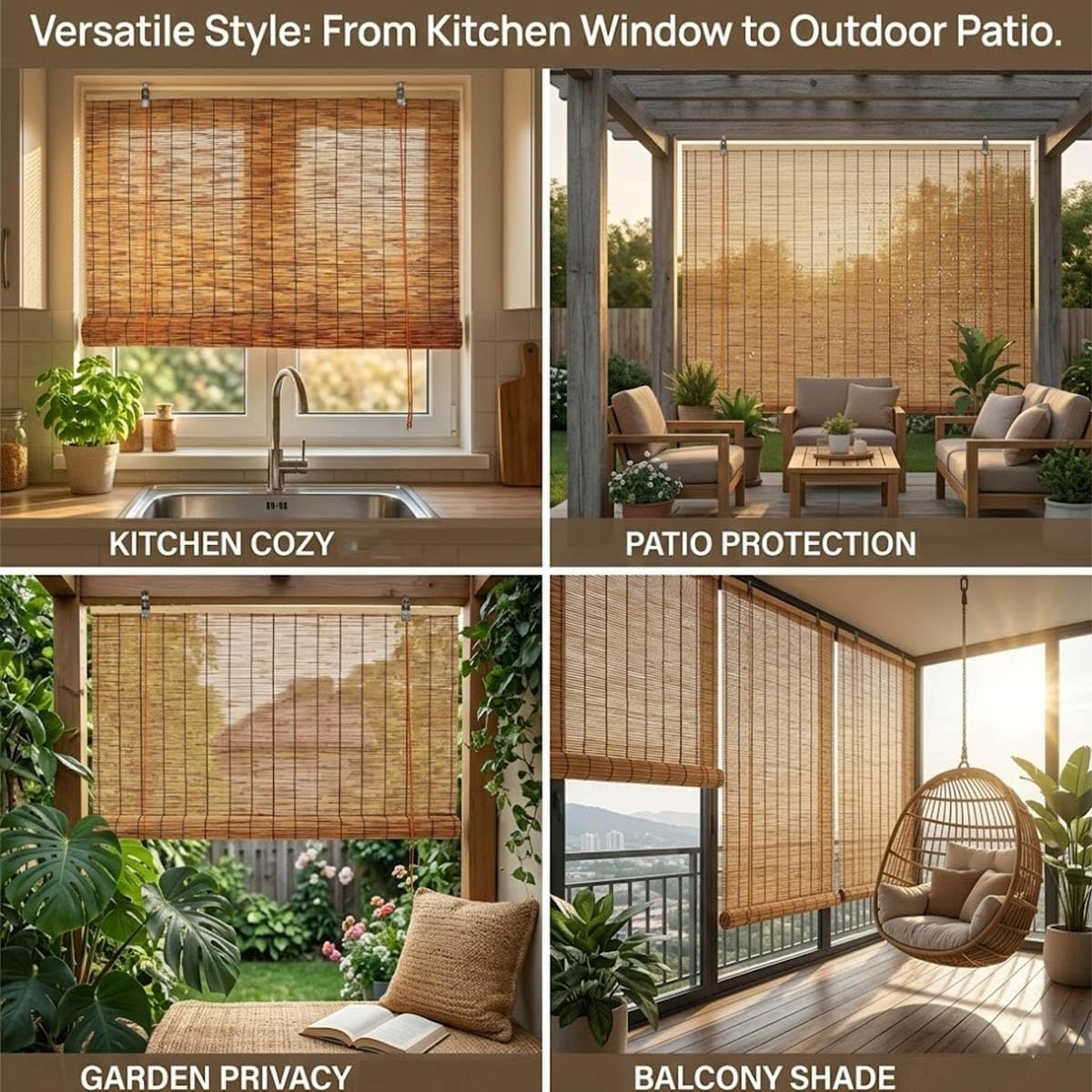 Bamboo Shades for Outdoor Patio Bamboo Blinds for Indoor Windows Blackout Roll Up Blinds for Porch Custom Cordless Privacy Shades,60" x 60"