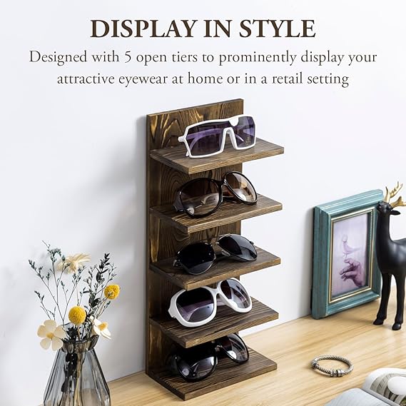 5 Tier Wood Sunglasses Holder Rack, Wall Mounted Eye Glasses Storage Organizer