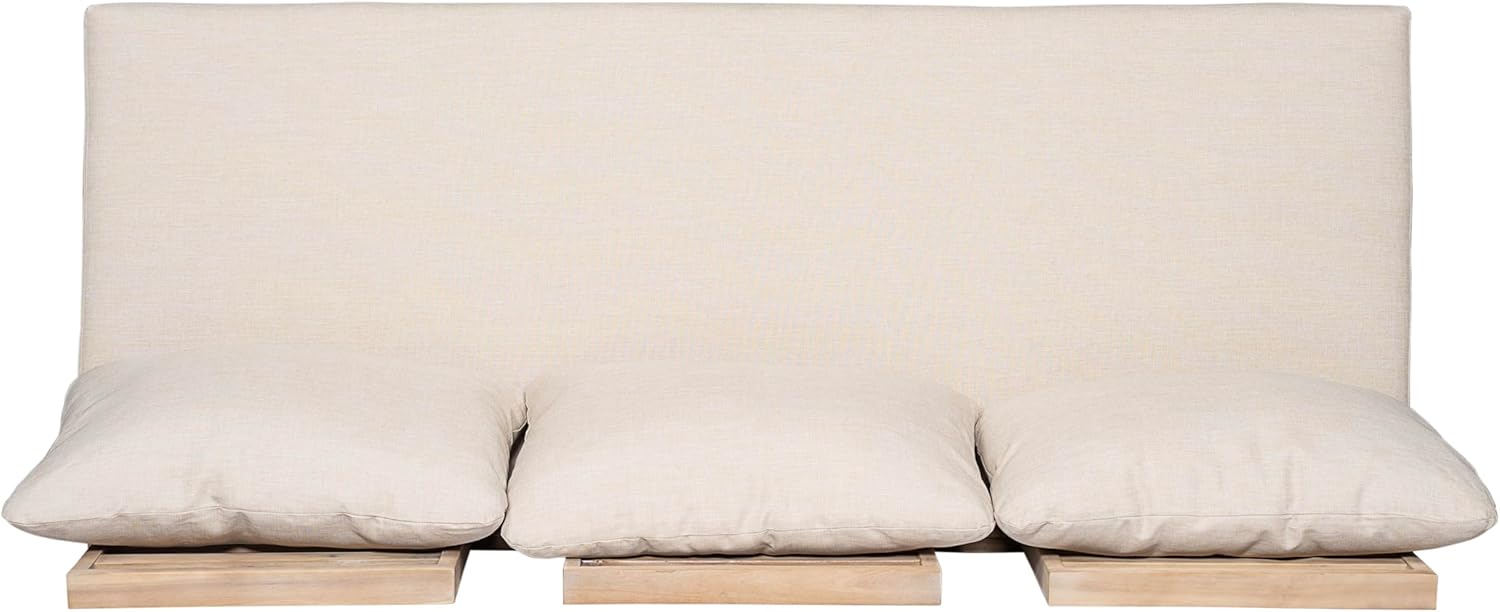 Christopher Knight Home Topia Acacia Wood Outdoor 3 Seater Sofa with Cushion, Wooden Patio Sofa Couch with Cushion, Comfy Armless Cloud Sofa Couch, Patio Furniture Sofa Set, Light Wash+Beige