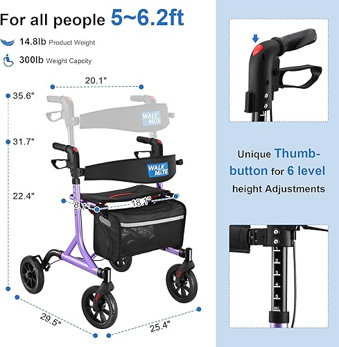 Vista 20 de Andador con ruedas para personas mayores con soporte para tazas, botón de presión de pulgar mejorado para ajuste de altura, caminante de 4 x 8 Azul