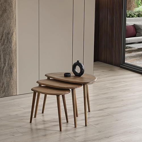 Miniatura 4 de Juego de 3 mesas de centro anidables de madera maciza, mesas modernas de guijarros de mediados de siglo con patas cónicas, muebles de madera para el