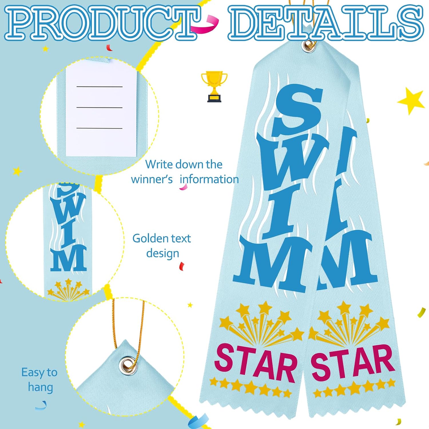 Tingjoo 50 Pcs Swim Star Award Ribbon 8" x 2" Prizes Ribbons Bulk with Card and String Prize Gift for School Competitions Sports Tournaments Competitions Classroom Study Supplies