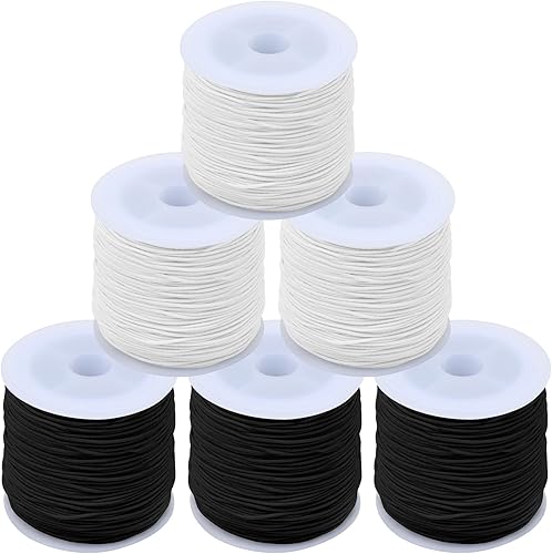 QUEFE Cuerda elástica para pulsera, 6 rollos de cuerda elástica de 0.039 in de grosor para hacer pulseras, color blanco y negro, 164 pies