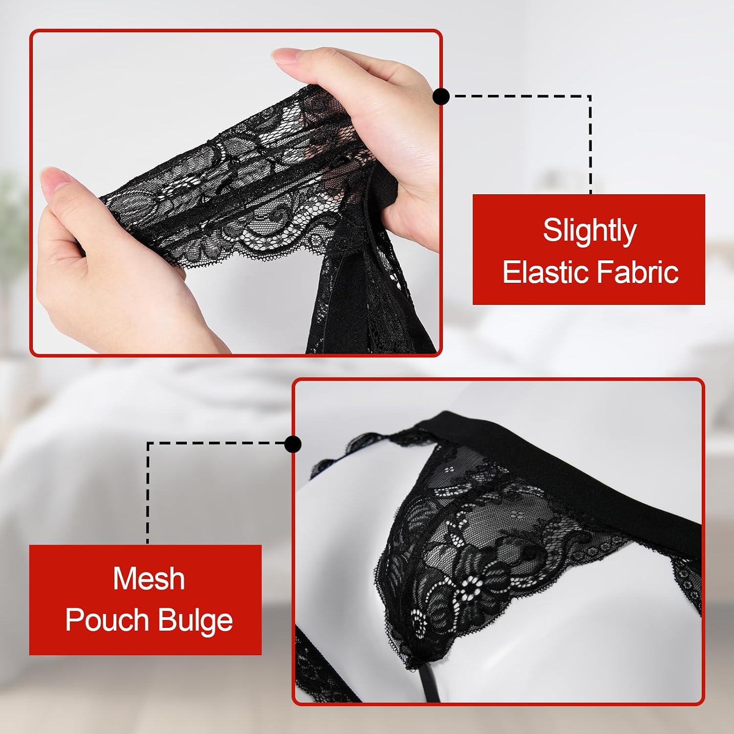 Mens Sexy Lace Panties Sissy Lingerie Thongs with Garters Sheer G-string Underwear for Cross-dressers