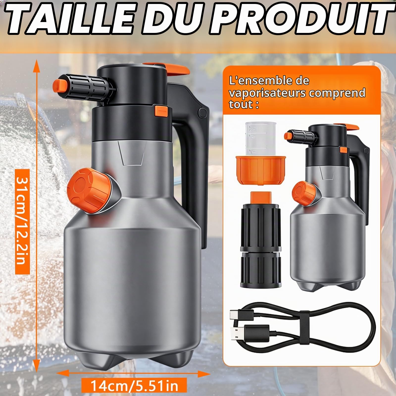 Pulvérisateur de Mousse Électrique 2L, Flacon Pulvérisateur à Mousse Voiture sans Fil et Rechargeable, Portable Autolaveuse à Mousses Jet Grand Angle 75° pour Nettoyage de la Auto Moto et Jardin