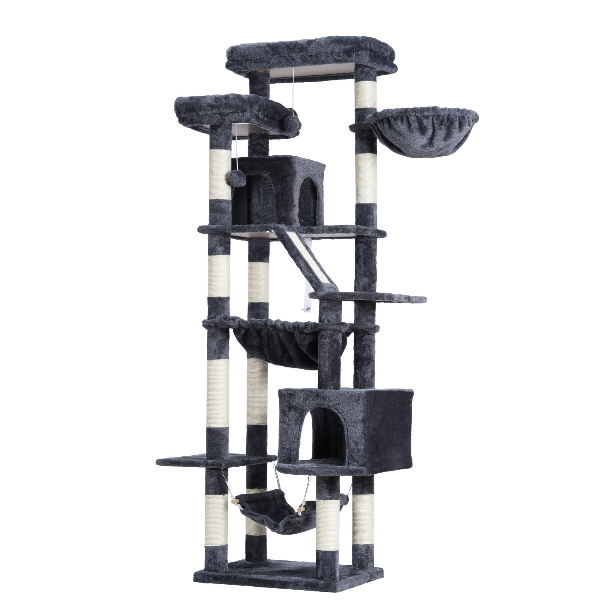 Heybly Albero Per Gatti, Torre 180 cm, 2 Piattaforme, 2 Capanne, 2 Amache, Pannello Per Sgualabocche. Grande Mobile Per Gatti Con Spazio Dormire, Grigio Fumo HCT034G
