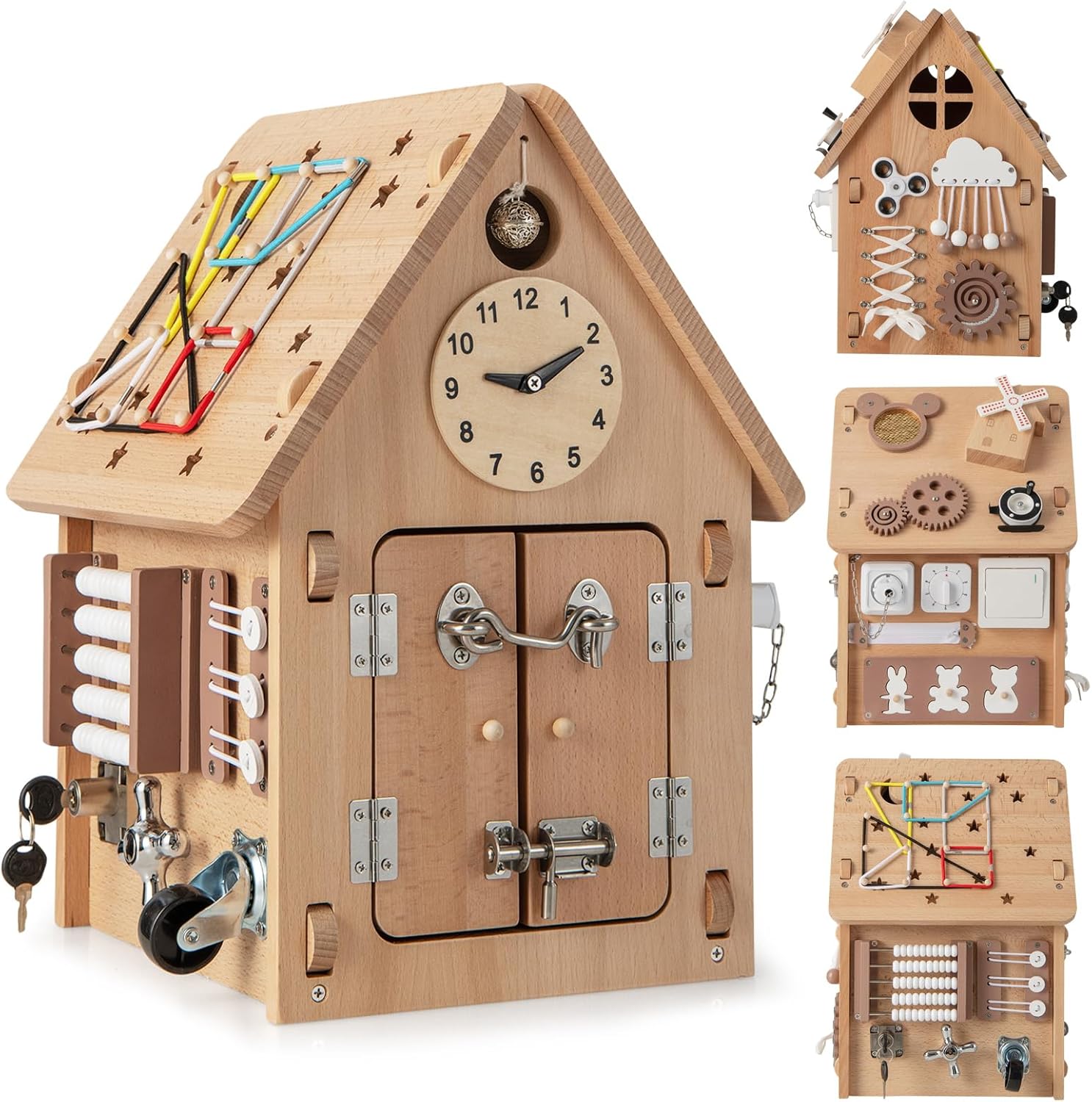Wooden Children's Playhouse, Entertainment House with Clock, Tap, Switch, Timer, Socket and Socket, Sensory Games and Montessori for 3+ Year Olds, Natural