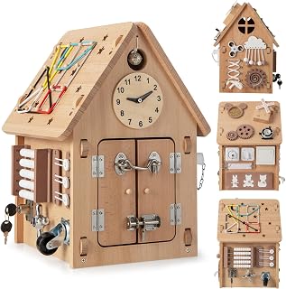 HOMASIS Casa dei Giochi per Bambini in Legno, Casa dei Divertimenti con Orologio, Rubinetto, Interruttore, Timer, Spina e Presa, Giochi Sensoriali e Montessori per Bambini da 3+ Anni, Naturale