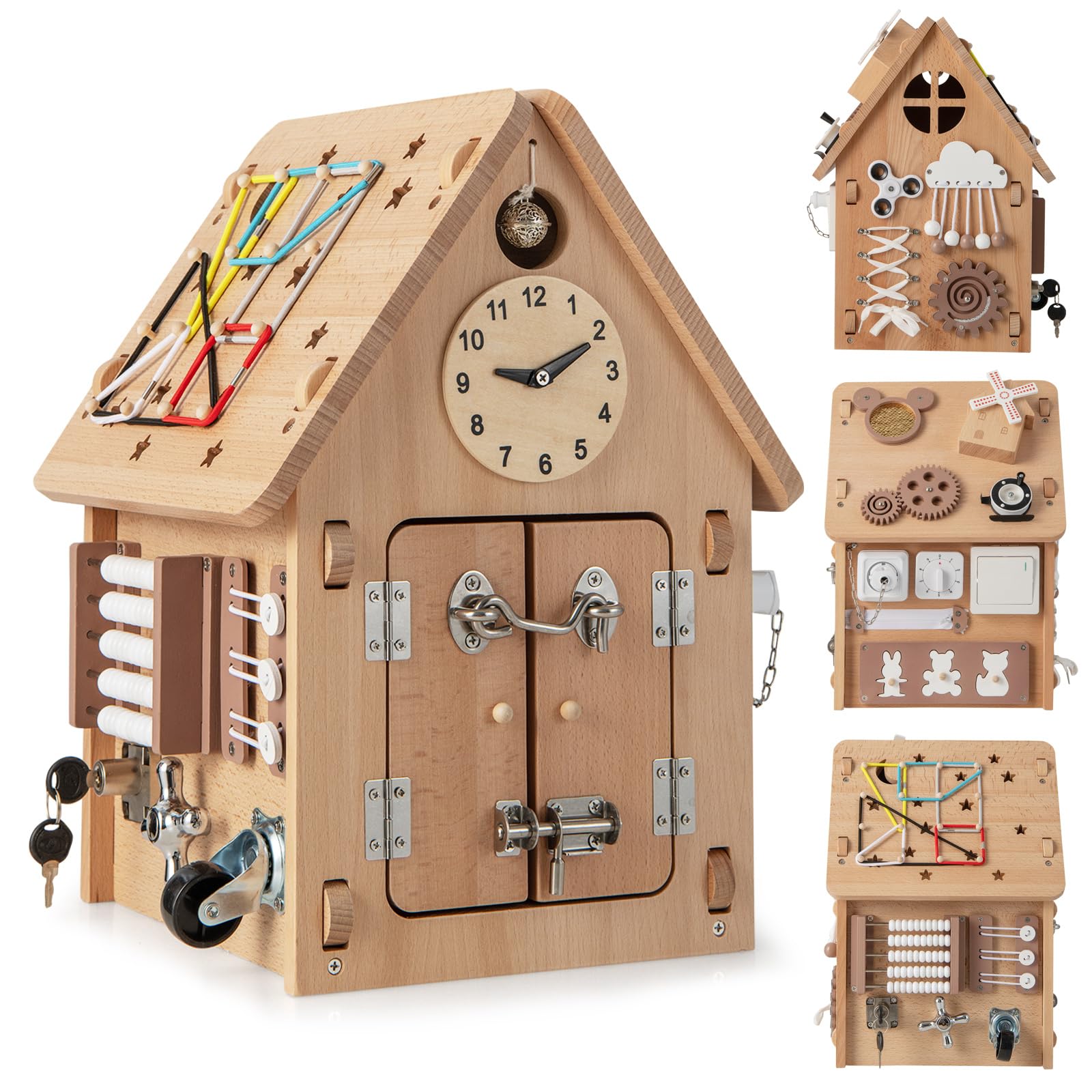 HOMASIS Casa dei Giochi per Bambini in Legno, Casa dei Divertimenti con Orologio, Rubinetto, Interruttore, Timer, Spina e Presa, Giochi Sensoriali e Montessori per Bambini da 3+ Anni, Naturale