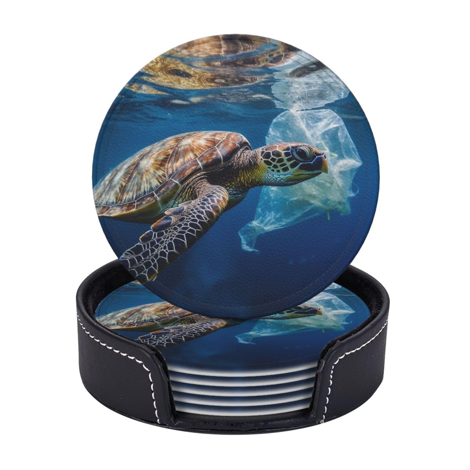 6PCS Drink Coasters with Holder, 4" Leather Coasters for Drinks, Sea Turtle and Plastic Cup Coasters for Coffee Table Decor, Non-Slip Drinking Cup Mat for Hot or Cold Drink