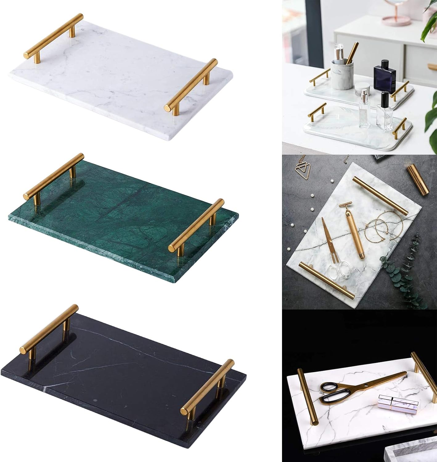 Natural Rectangular Marble Tray with Gold Metal Handles for Kitchen Bathroom - (Color: White)