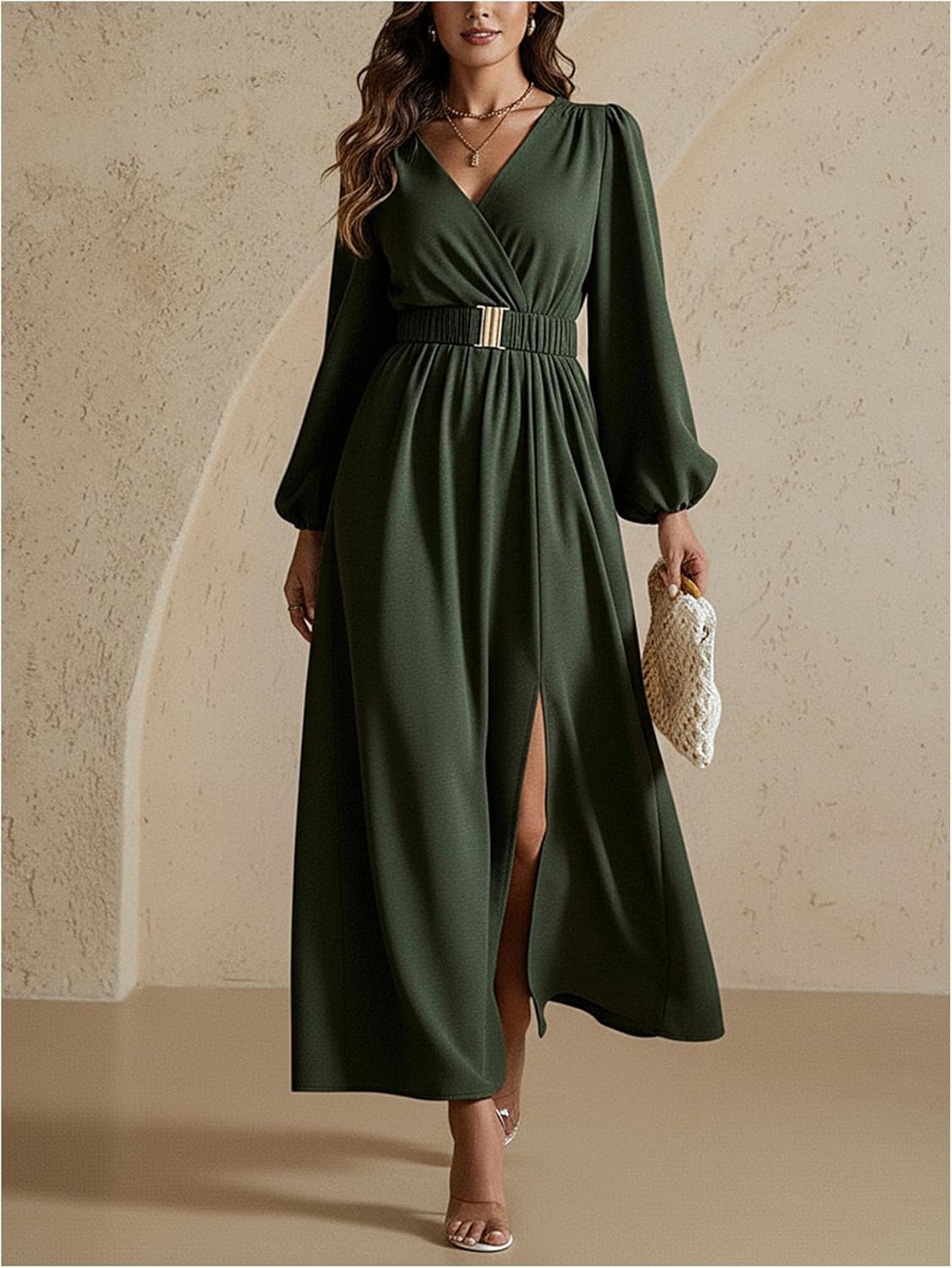 Women's Elegant Wrap V Neck Maxi Dress Lantern Long Sleeve Belted Slit A Line Wedding Guest Dresses - Image 5