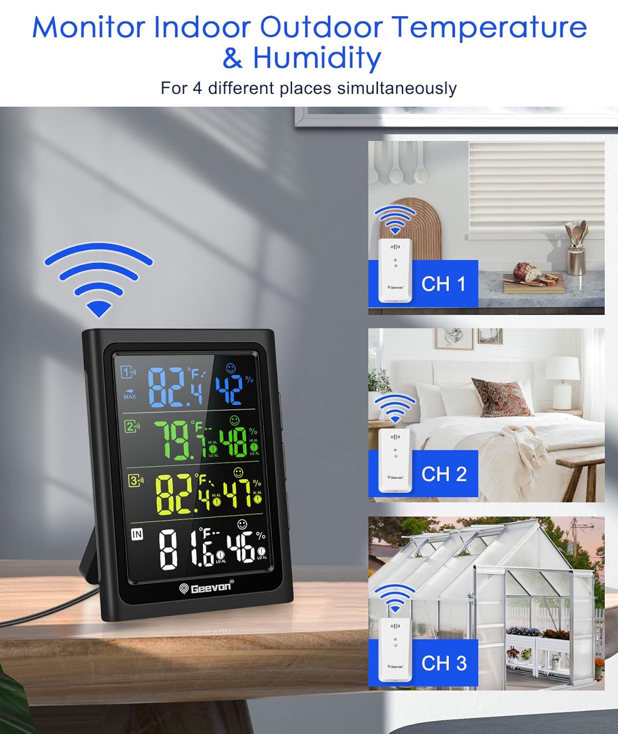 Geevon Weather Stations Wireless Indoor Outdoor Thermometer with 3 Outdoor Sensors, Large LCD Display Digital Temperature Humidity Gauge with Backlight (Color HD VA Display)