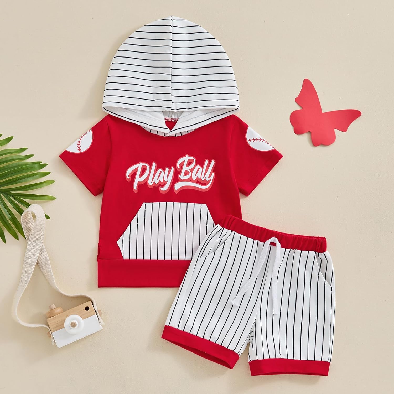 Ledy Champswiin Summer Toddler Boy Clothes Short Sleeve Baby Hooded Tops Striped Shorts Set Cute Toddler Baseball Outfit - Image 2
