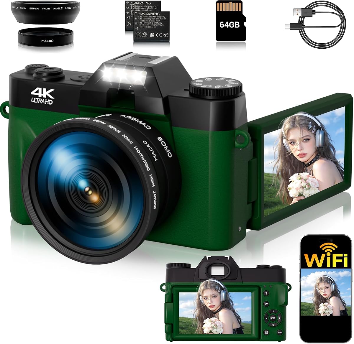 75MP Digital Camera,4K WiFi Vlogging Camera with 3.0" 180° Flip Screen,16X Zoom Autofocus Compact Camera for YouTube Video,Travel Camera with 2 Batteries, 64GB SD Card(DeepGreen)