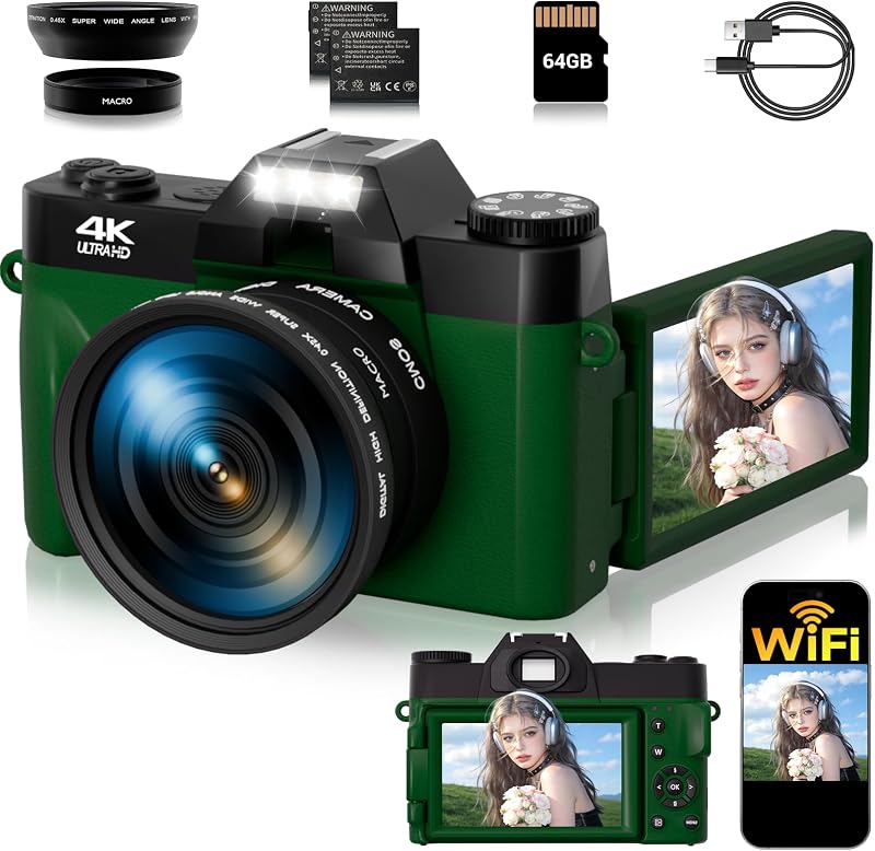 75MP Digital Camera,4K WiFi Vlogging Camera with 3.0" 180° Flip Screen,16X Zoom Autofocus Compact Camera for YouTube Video,Travel Camera with 2 Batteries, 64GB SD Card(DeepGreen)