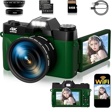 75MP Digital Camera,4K WiFi Vlogging Camera with 3.0" 180 Flip Screen,16X Zoom Autofocus Compact Camera for YouTube Video,Travel Camera with 2 Batteries, 64GB SD CardDeepGreen