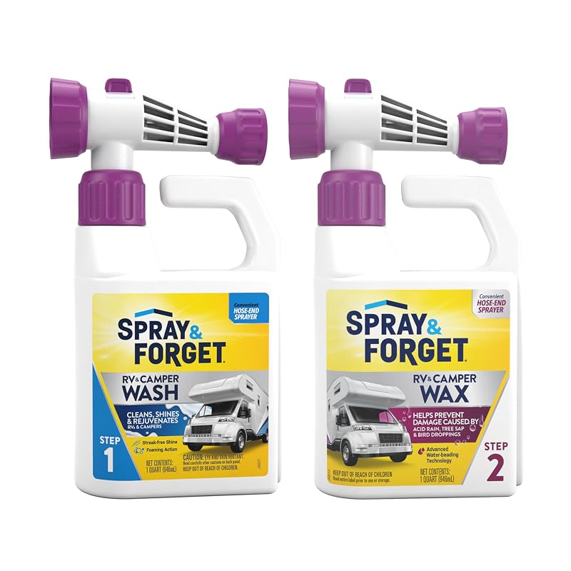 Spray & Forget Kit de Lavagem e Cera para RV e Camper com Adaptadores para Mangueira, 946 mL + 946 mL
