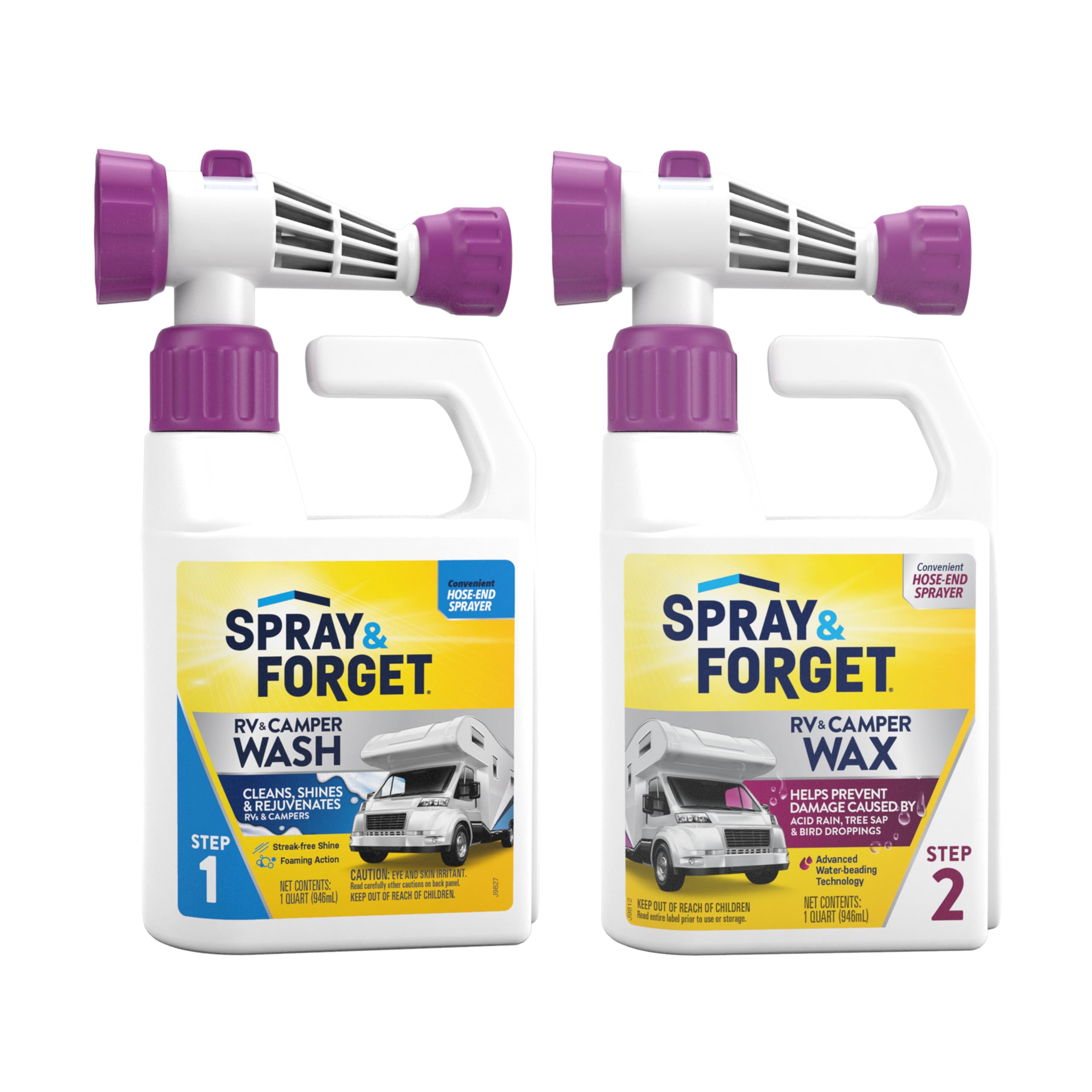 Spray & Forget Zestaw do mycia kamperów i kamperów, zawiera myjnię do kamperów i kamperów (1 kwarta) oraz wosk do kampera i kampera (1 litr) z wygodnymi, gotowymi do użycia adapterami końcówek węża