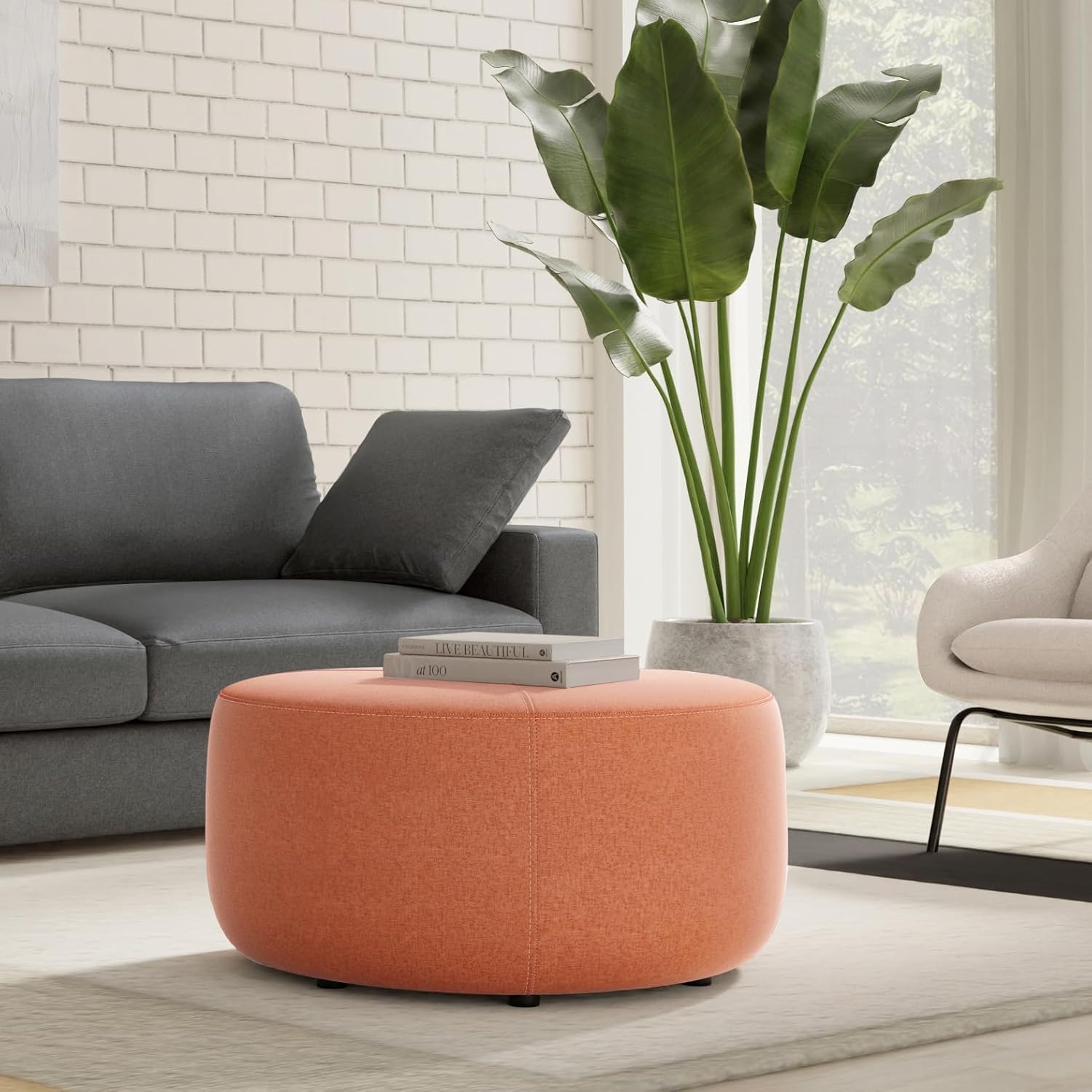 SIMPLIHOME Moore 32 inch Wide Contemporary Irregular Large Ottoman in Dusty Orange Linen Look Fabric, Fully Assembled, for the Living Room and Bedroom