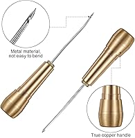 Vista 5 de Punzón de costura de cuero de lona, punzón de aguja de coser de cuero, puntada a mano con 2 piezas de mango de cobre para herramientas hechas a mano