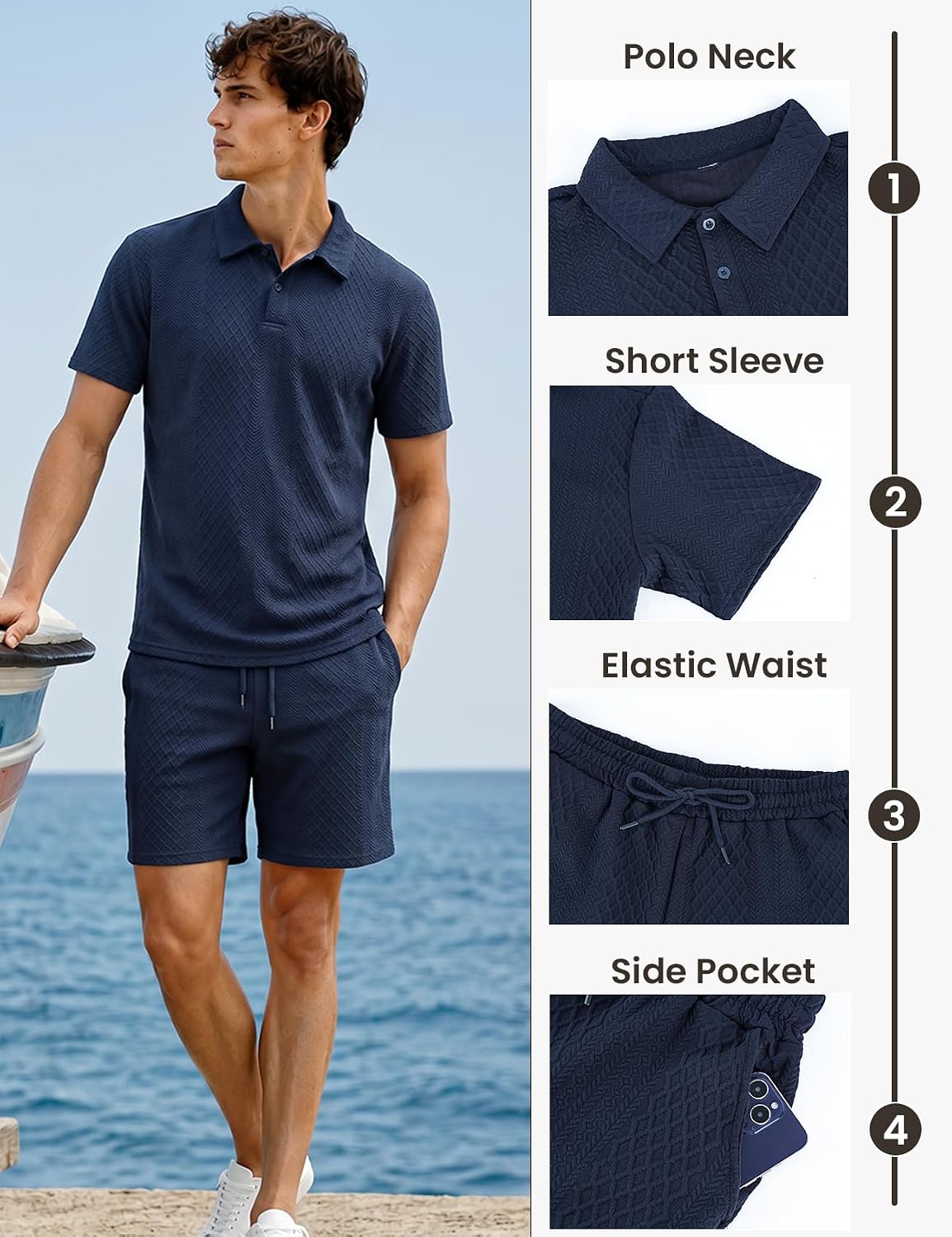 Gihuo Mens 2 Piece Outfits Textured Knit Polo Shirt and Shorts Set image 2